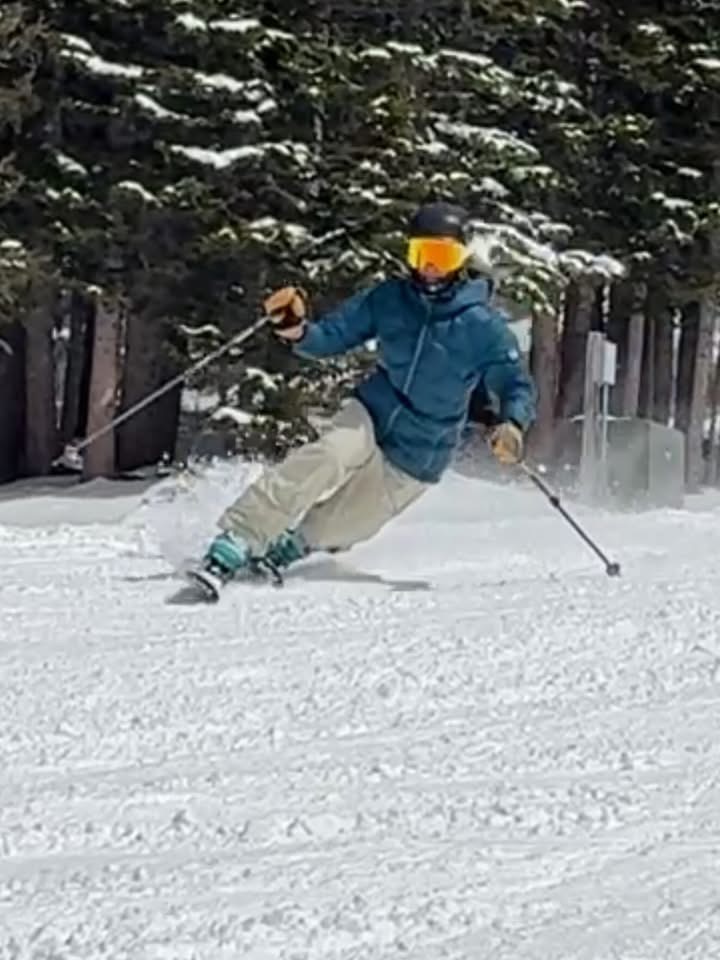 Telemark skier demonstrating a balanced turn near snow-covered evergreens